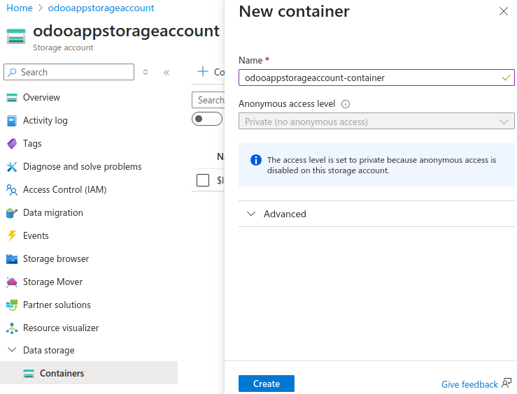 Creare un contenitore di archiviazione Microsoft Azure