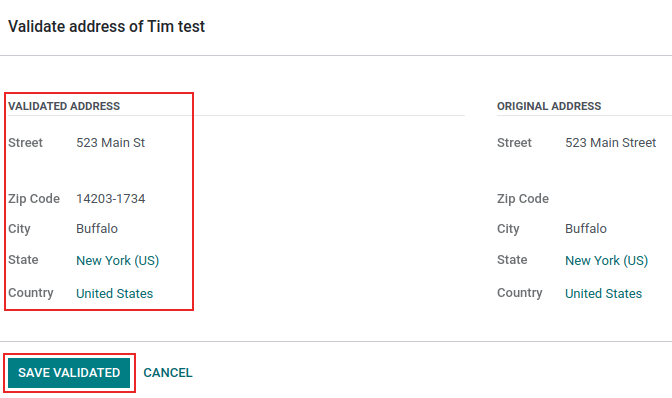 Finestra pop-up convalida indirizzo in Odoo con il pulsante "Salva convalidato" e "Indirizzo convalidato" in evidenza.